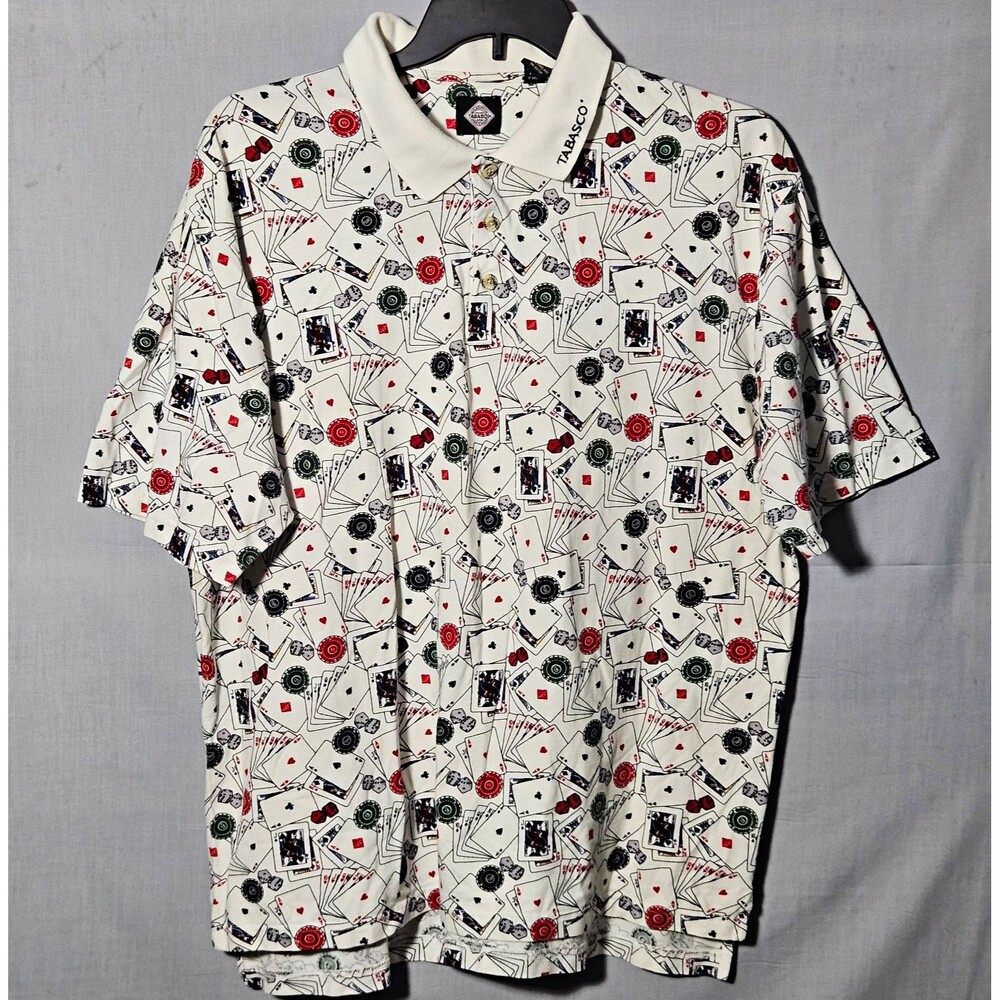 VTG Tabasco Polo Shirt Mens XXL Playing Cards Poker Chips AOP Casino Gambling